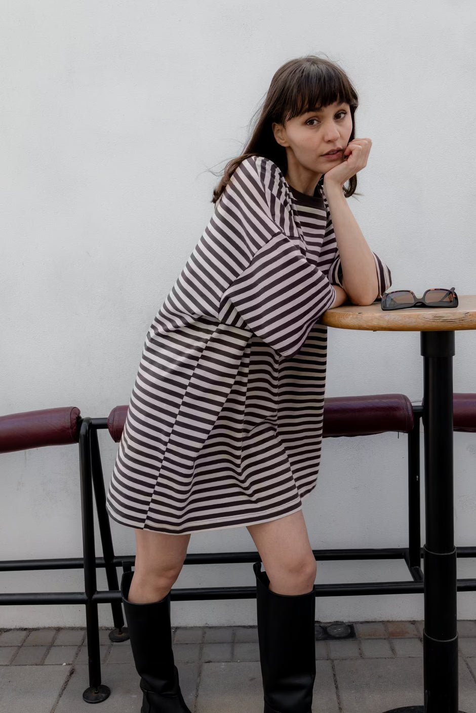 Striped t-shirt dress with knee high boots